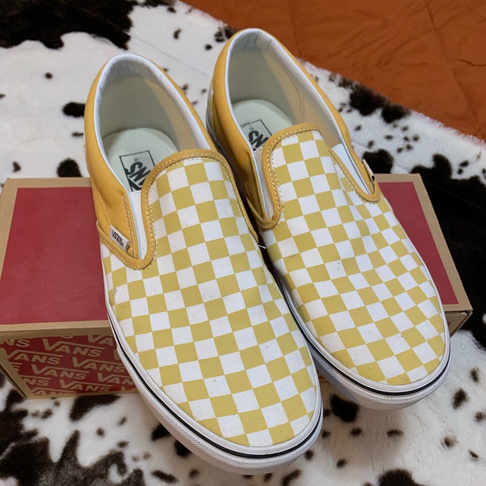 Yellow checkered slip on Vans